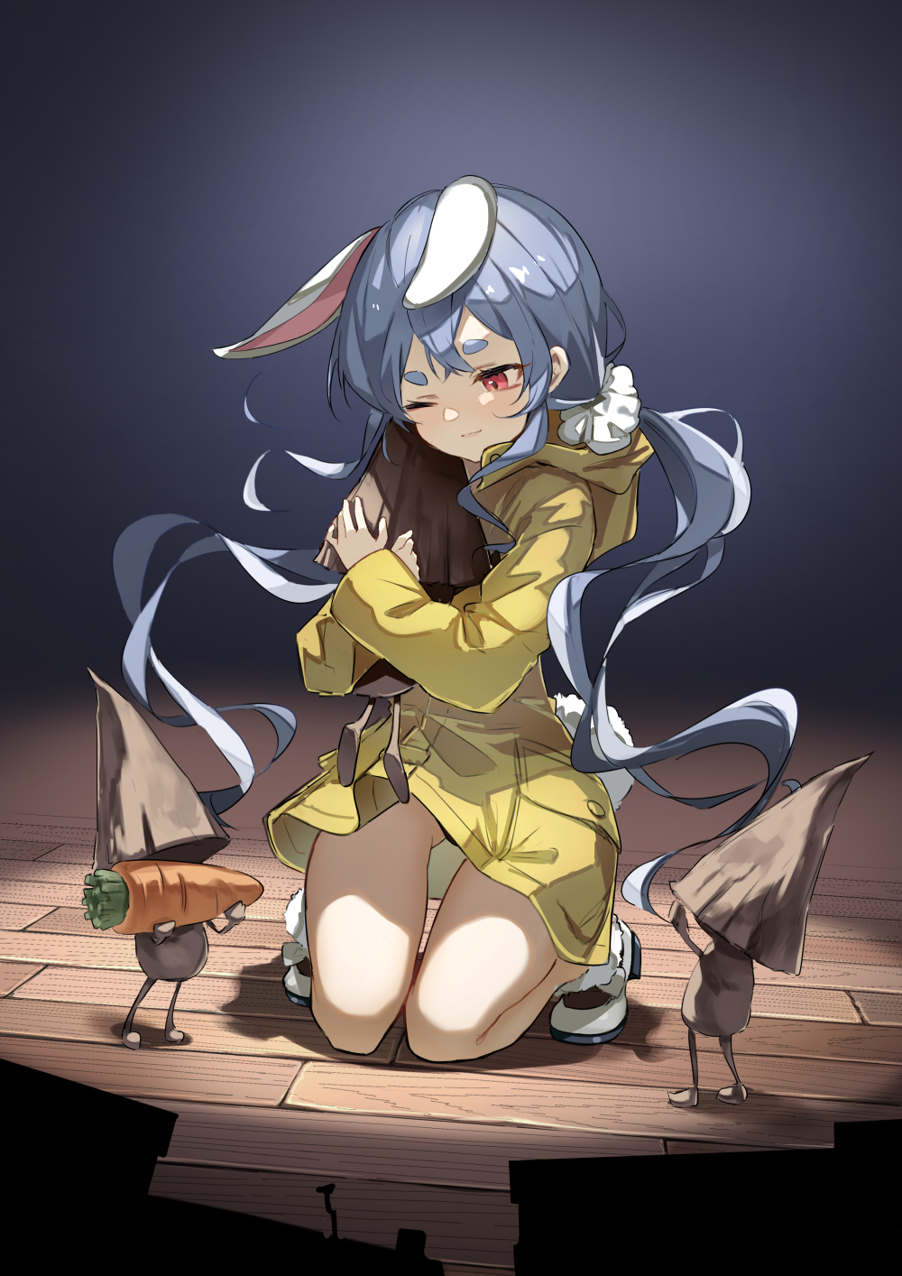 1girl, animal_ears, bangs, blue_background, blue_hair, brat, carrot, character_request