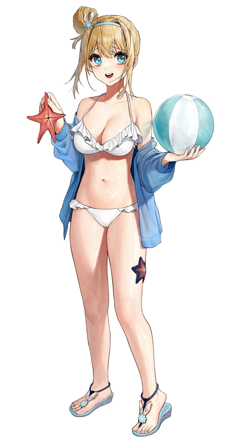 1girl, absurdres, ball, beachball, bikini, blue_eyes, blue_hairband, breasts