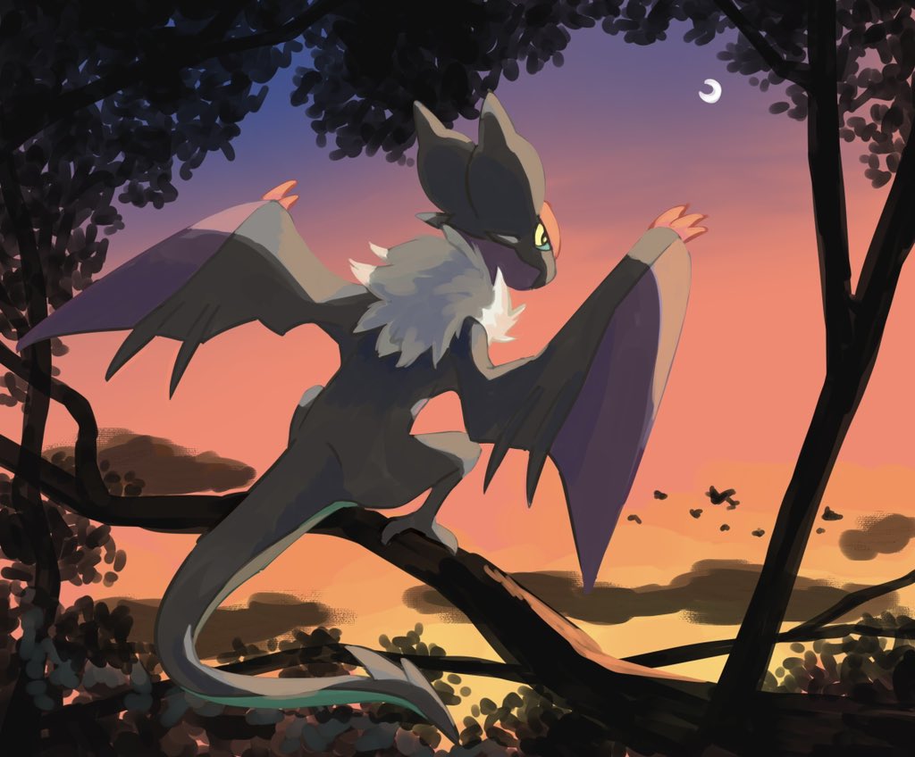 bird, clouds, commentary_request, crescent, from_behind, no_humans, noivern, outdoors