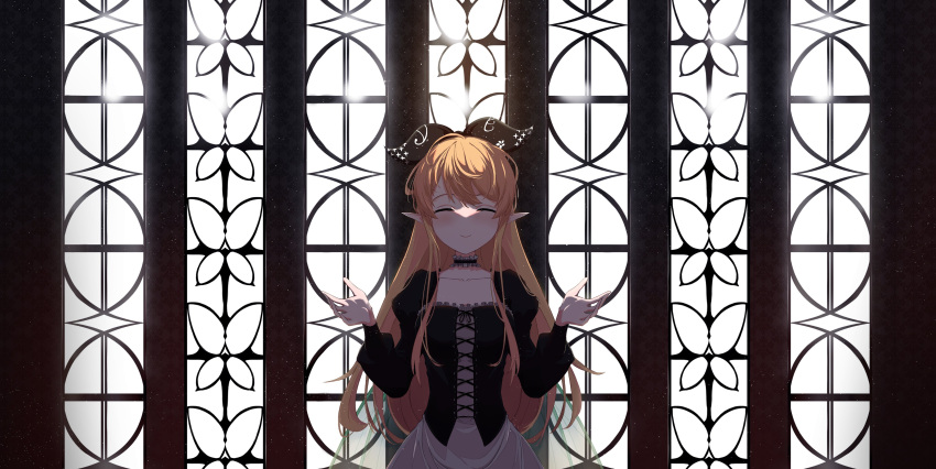 1girl, absurdres, alternate_costume, bangs, black_hairband, black_ribbon, blonde_hair, blush