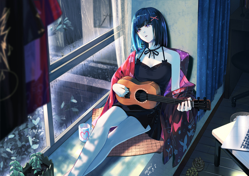1girl, artist_name, ater, bangs, black_bow, black_dress, black_neckwear, black_ribbon, blue_hair, blunt_bangs, bow, breasts, choker, computer, cross-laced_clothes, crossed_legs, cup, curtains, dated, dress, earrings, eyebrows_visible_through_hair, feet_out_of_frame, hair_ornament, hairclip, head_tilt, holding, holding_instrument, indoors, instrument, japanese_clothes, jewelry, kimono, knee_up, laptop, leaf, looking_away, medium_hair, mug, neori, off-shoulder_dress, off_shoulder, open_clothes, open_kimono, open_mouth, original, pillow, plant, potted_plant, rain, ribbon, ribbon_choker, sitting, sleeveless, sleeveless_dress, small_breasts, solo, ukulele, used_tissue, violet_eyes, window