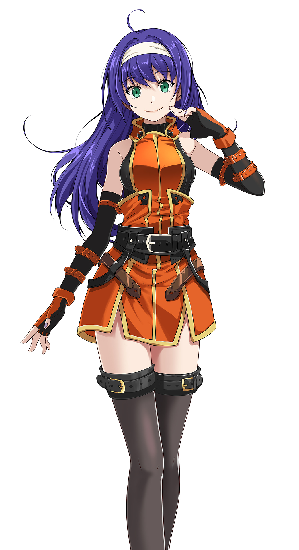1girl, ahoge, arm_at_side, bangs, bare_shoulders, belt, belt_buckle, blue_nails