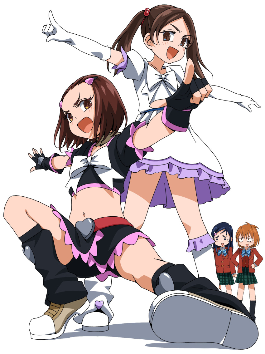 4girls, :d, absurdres, bangs, bike_shorts, black_gloves, black_legwear, black_shorts, black_skirt, blue_hair, blue_neckwear, blush, bow, bowtie, brown_eyes, brown_hair, cosplay, crop_top, cure_black, cure_black_(cosplay), cure_white, cure_white_(cosplay), diagonal-striped_bow, diagonal-striped_neckwear, diagonal_stripes, dress, ebura_din, elbow_gloves, fingerless_gloves, floating_hair, futari_wa_precure, gloves, green_skirt, hair_between_eyes, hair_bobbles, hair_ornament, hairclip, highres, jacket, kneehighs, koshino_natsuko, leg_warmers, long_hair, looking_at_viewer, midriff, miniskirt, misumi_nagisa, mori_kyouko, multiple_girls, navel, open_clothes, open_jacket, open_mouth, outstretched_arms, plaid, plaid_skirt, pleated_skirt, precure, red_jacket, red_vest, short_dress, short_hair, short_shorts, shorts, shorts_under_skirt, simple_background, skirt, smile, stomach, striped, striped_bow, striped_neckwear, swept_bangs, twintails, v-shaped_eyebrows, vest, white_background, white_dress, white_gloves, white_legwear, white_neckwear, yukishiro_honoka