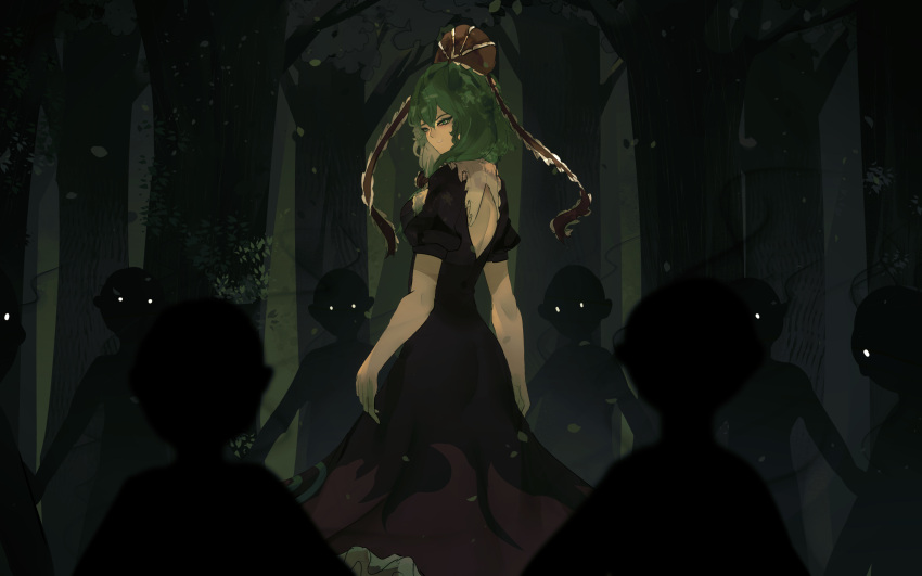 1girl, back, backless_outfit, bangs, bow, breasts, dark, dress