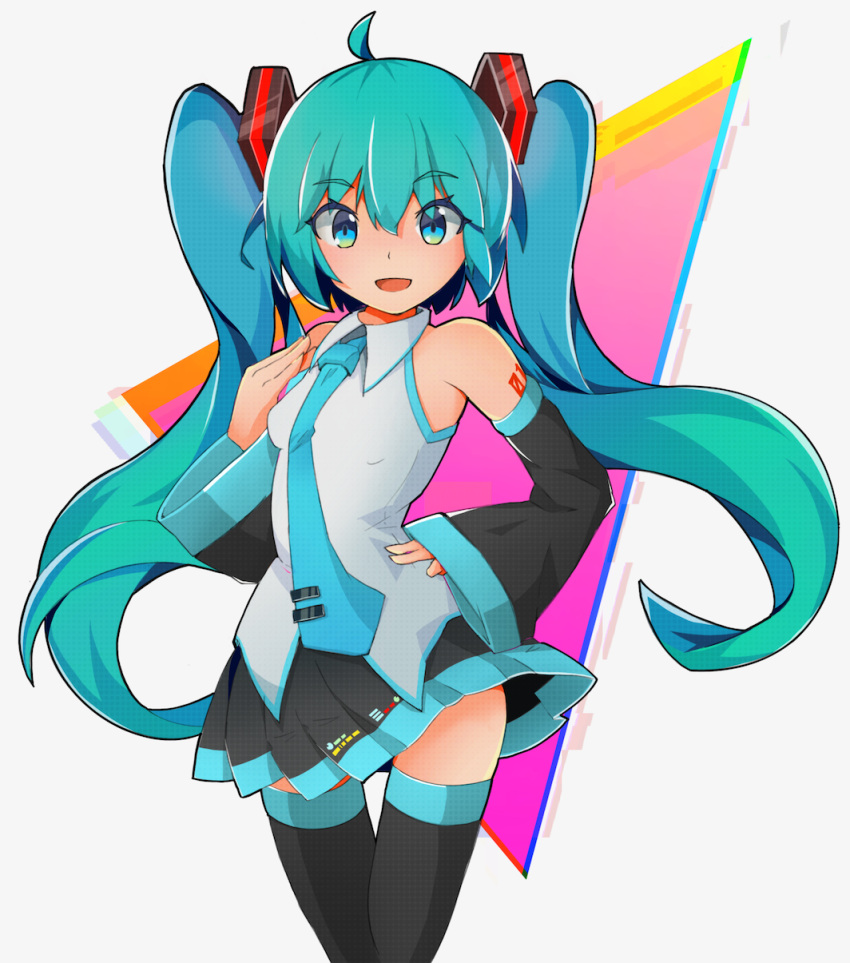 1girl, :d, ahoge, aqua_hair, bangs, bare_shoulders, black_legwear, black_skirt