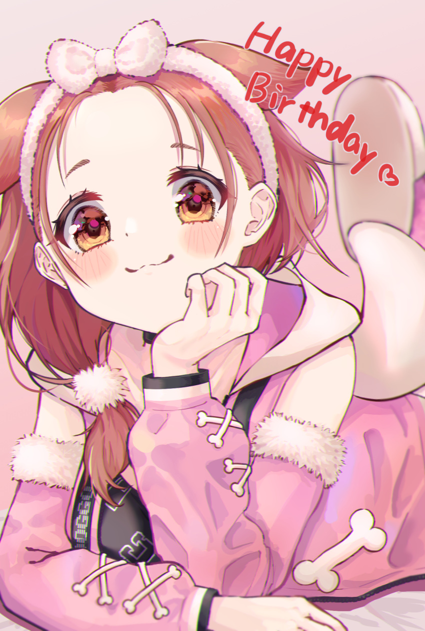 1girl, :3, animal_ears, animal_hood, bangs_pinned_back, bankamba, bare_shoulders, black_shirt, blush_stickers, bow, bow_hairband, brown_hair, detached_sleeves, dog_ears, dog_girl, dog_hood, extra_ears, forehead, fur-trimmed_sleeves, fur_trim, hair_bow, hair_ornament, hair_over_shoulder, hairband, happy_birthday, head_rest, highres, hololive, hood, hooded_vest, hoodie, inugami_korone, jacket, long_hair, looking_at_viewer, lying, on_stomach, open_clothes, open_jacket, pink_hairband, pink_vest, pom_pom_(clothes), pom_pom_hair_ornament, print_shirt, shirt, smile, solo, vest, virtual_youtuber