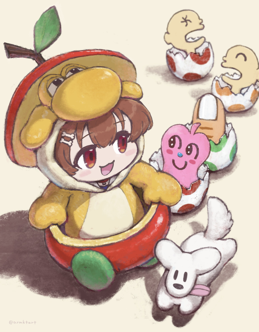 1girl, :d, absurdres, blush, bone_hair_ornament, brown_eyes, brown_hair, chibi