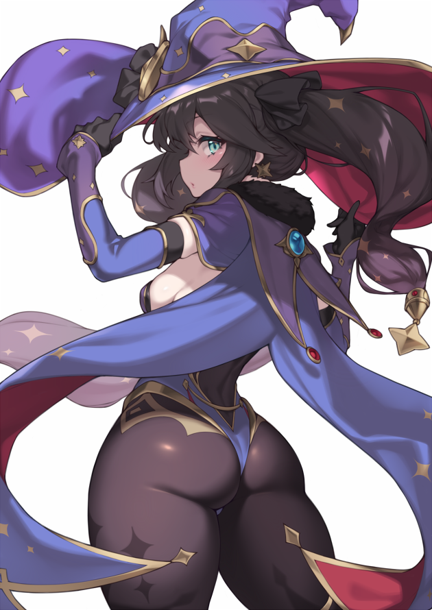 1girl, ass, back, black_gloves, black_hair, blue_cape, blue_headwear, blue_leotard