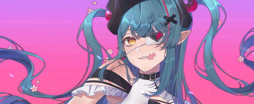 1girl, absurdres, black_collar, black_headwear, blue_hair, collar, floating_hair, flower