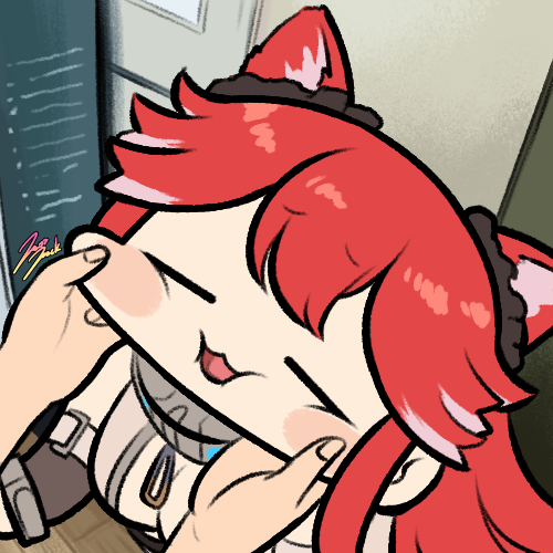 1girl, :3, animal_ears, blush, cheek_pull, chibi, closed_eyes, eyebrows_visible_through_hair, fenrir_(last_origin), jazz_jack, last_origin, lowres, minigirl, multicolored_hair, redhead, solo_focus, streaked_hair, white_hair, wolf_ears, wolf_girl