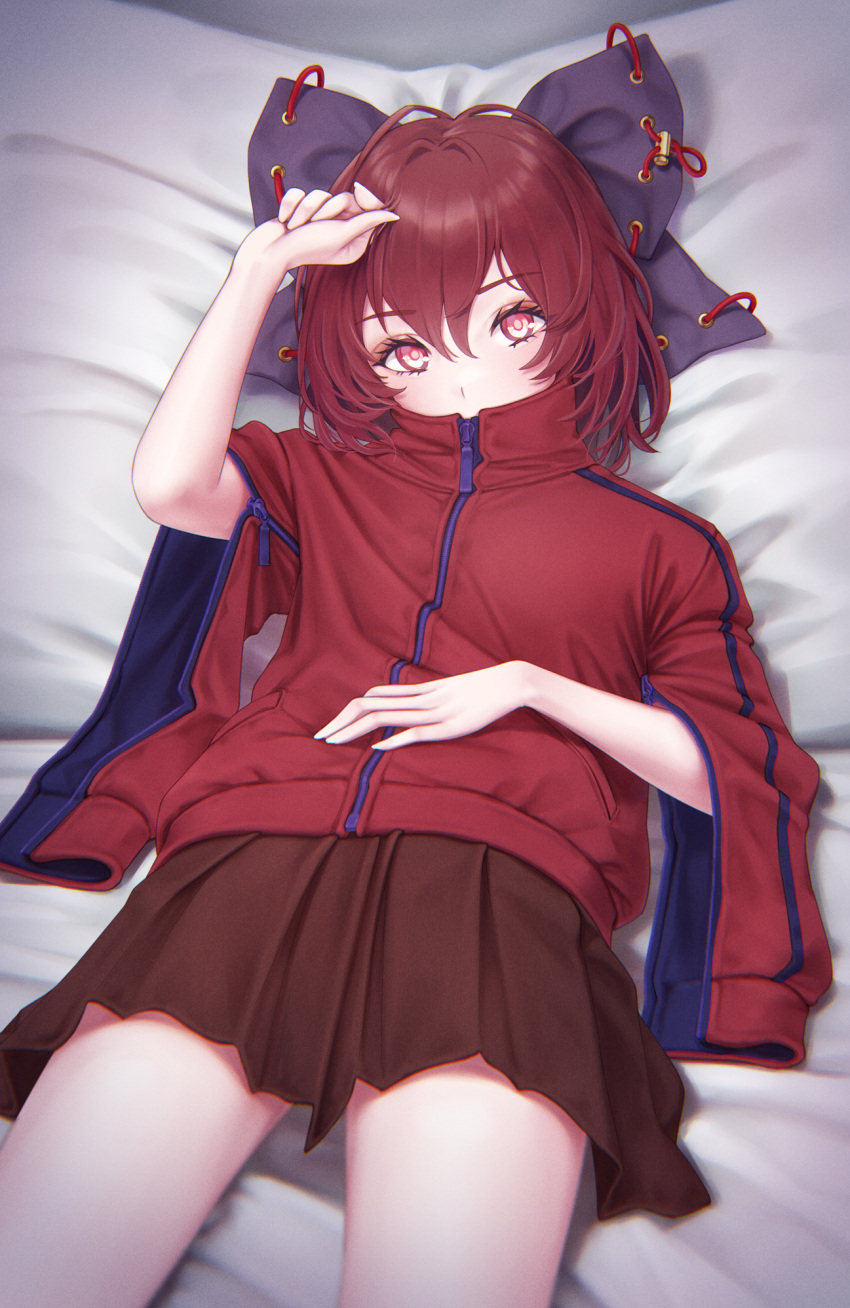 1girl, adapted_costume, arm_up, bangs, bed, bed_sheet, blush, bow