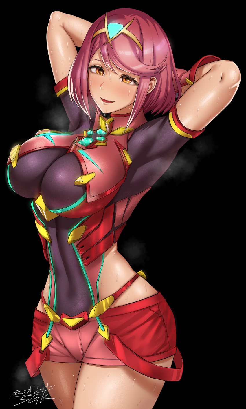 1girl, absurdres, armpits, arms_behind_head, arms_up, bangs, black_background, blush