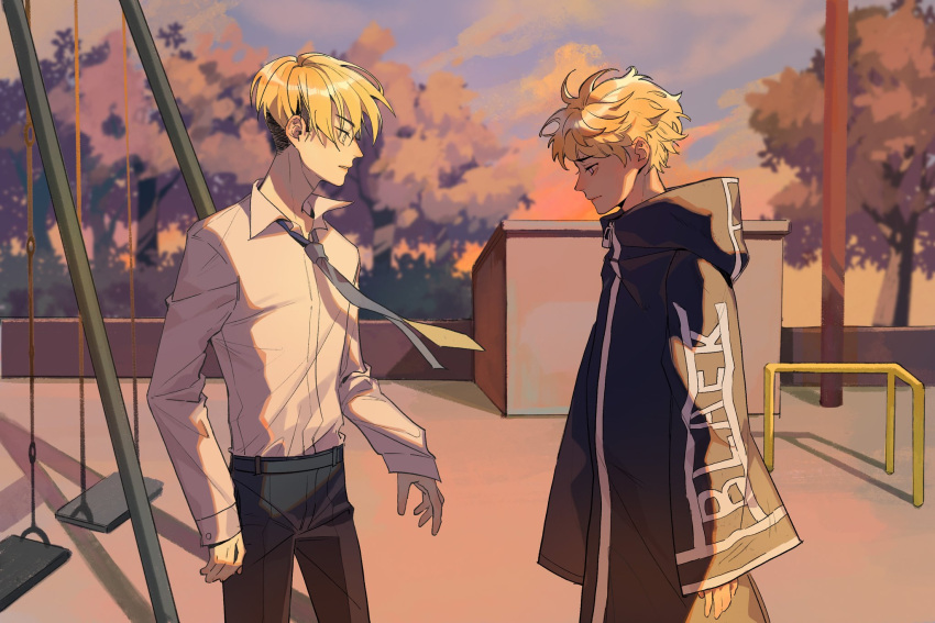 2boys, bangs, belt, black_pants, black_robe, blonde_hair, blue_eyes, closed_mouth
