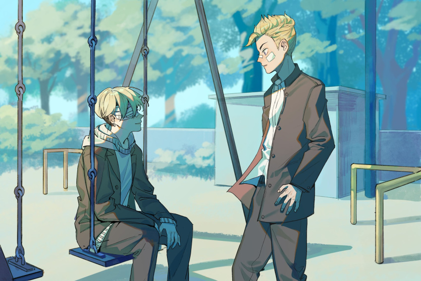 2boys, bandages, bandages_over_eyes, bandaid, bandaid_on_cheek, bandaid_on_nose, bangs, black_jacket