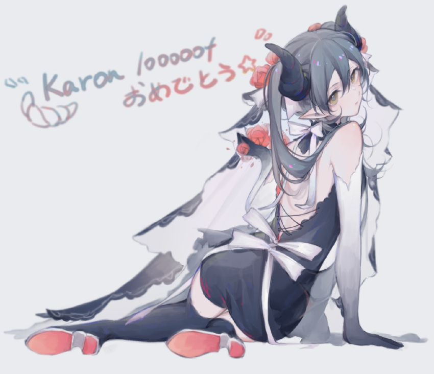 1girl, backless_dress, backless_outfit, bangs, black_dress, blue_hair, bow, character_name