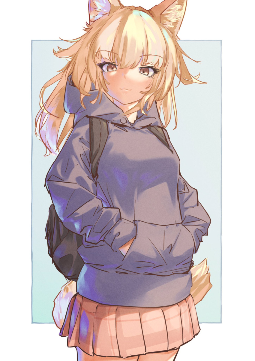 1girl, 910m27r, :3, alternate_costume, animal_ears, backpack, bag, blue_hoodie