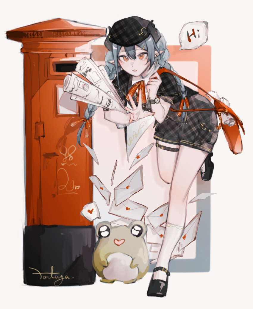 1girl, alternate_costume, bag, bangs, black_footwear, black_headwear, black_jacket, blue_hair