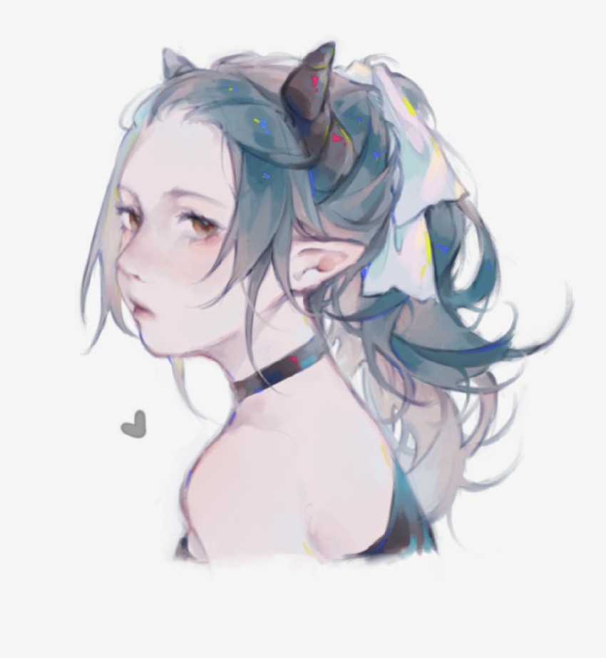 1girl, black_choker, blue_hair, blush, chinese_commentary, choker, demon_girl, demon_horns