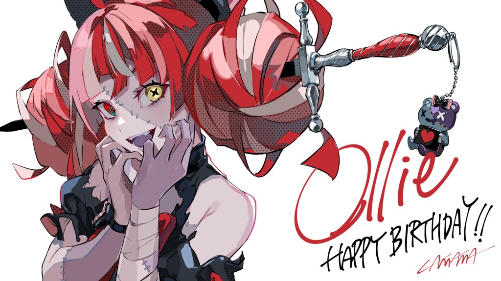 1girl, arm_garter, bandaged_arm, bandages, black_dress, bow, button_eyes, character_name