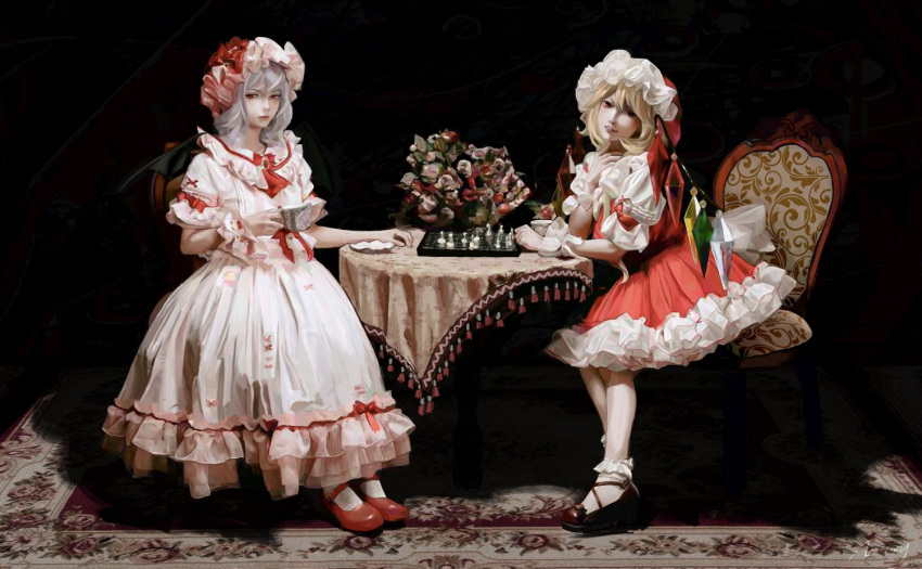 2girls, ascot, bat_wings, blonde_hair, blue_hair, board_game, bow, brooch, carpet, chair, chess, chess_piece, chessboard, crystal, cup, dish, dress, flandre_scarlet, flower, frilled_shirt, frilled_shirt_collar, frilled_skirt, frilled_sleeves, frills, hand_on_own_face, hat, hat_ribbon, holding, holding_cup, indoors, jewelry, lips, long_dress, mary_janes, medium_hair, medium_skirt, mob_cap, multiple_girls, one_side_up, pink_dress, puffy_short_sleeves, puffy_sleeves, red_bow, red_eyes, red_ribbon, red_skirt, red_vest, remilia_scarlet, ribbon, ribbon_trim, rug, sash, shirt, shoes, short_hair, short_sleeves, siblings, side_ponytail, sisters, sitting, skirt, skirt_set, table, tablecloth, touhou, user_crkd7757, vest, white_shirt, wings, wrist_cuffs, yellow_neckwear