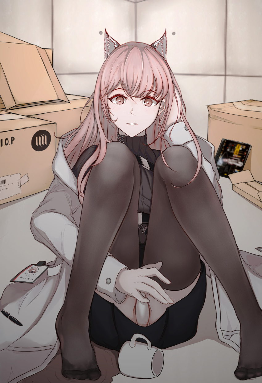 1girl, absurdres, animal_ear_fluff, animal_ears, black_legwear, black_shirt, black_skirt, box, cup, eyebrows_visible_through_hair, floor, girls'_frontline_neural_cloud, girls_frontline, hand_in_hair, highres, jacket, long_hair, looking_at_viewer, mkhaggar, no_shoes, on_floor, open_clothes, open_jacket, panties, pantyshot, pencil, persica_(girls'_frontline), persicaria_(girls'_frontline_nc), pink_eyes, pink_hair, shirt, skirt, smile, solo, thigh-highs, turtleneck, turtleneck_sweater, underwear, white_jacket, white_panties