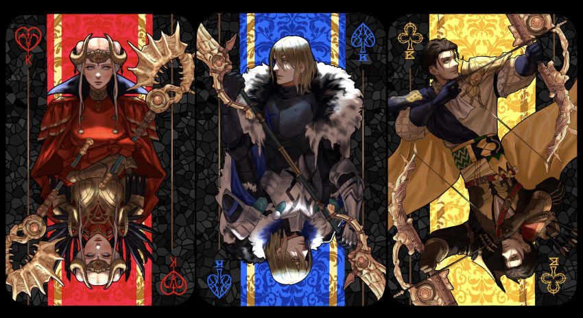 1girl, 2boys, areadbhar_(fire_emblem), armor, axe, aymr_(fire_emblem), blonde_hair, bow_(weapon)