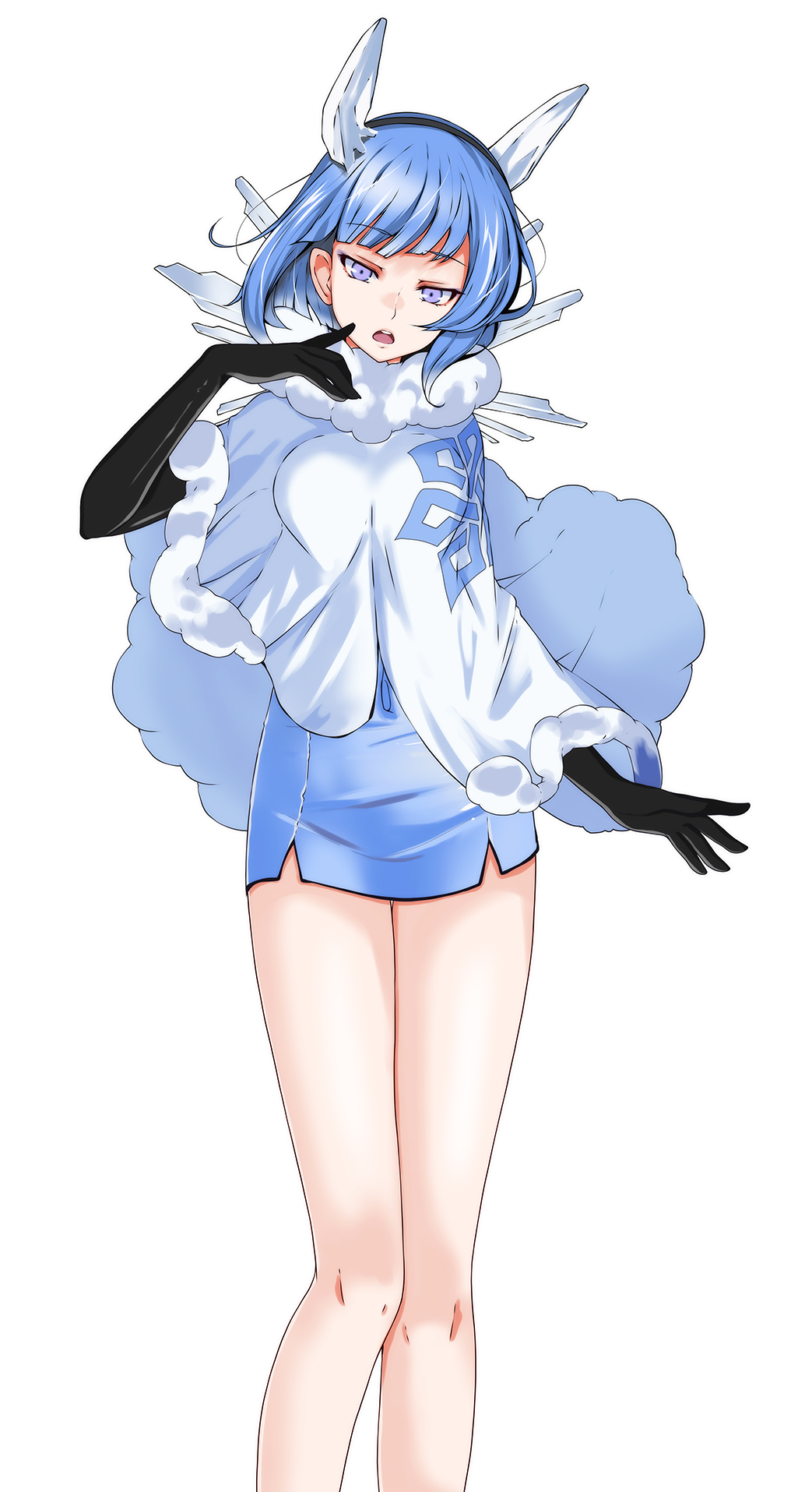 1girl, animal_ears, bare_legs, black_gloves, blue_cloak, blue_dress, breasts, cloak