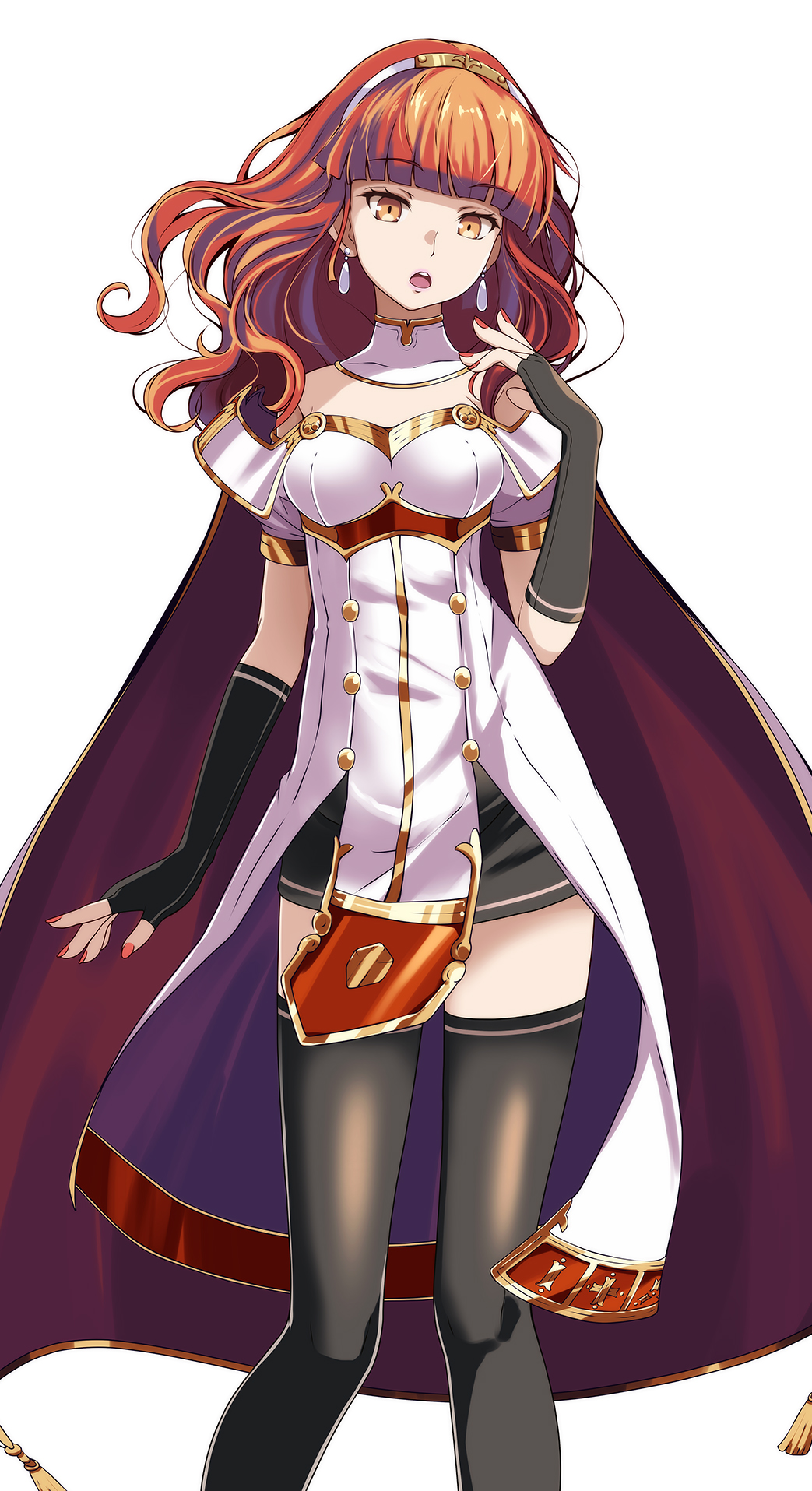 1girl, bangs, black_dress, black_gloves, black_legwear, blunt_bangs, breasts, buttons, cape, celica_(fire_emblem), commentary, detached_collar, double-breasted, dress, earrings, elbow_gloves, eyebrows_visible_through_hair, feet_out_of_frame, fingerless_gloves, fire_emblem, fire_emblem_echoes:_shadows_of_valentia, floating_hair, gloves, gold_trim, hairband, highres, jewelry, kaede_nagisa, looking_at_viewer, medium_breasts, medium_hair, nail_polish, open_mouth, orange_eyes, pelvic_curtain, red_nails, redhead, short_dress, simple_background, solo, tassel, thigh-highs, wavy_hair, white_background, white_dress
