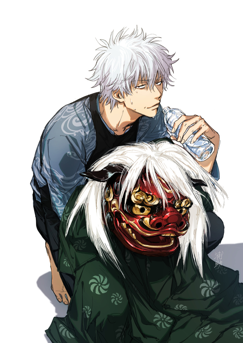 1boy, bangs, black_pants, black_shirt, bottle, eyebrows_visible_through_hair, gintama, grey_hair