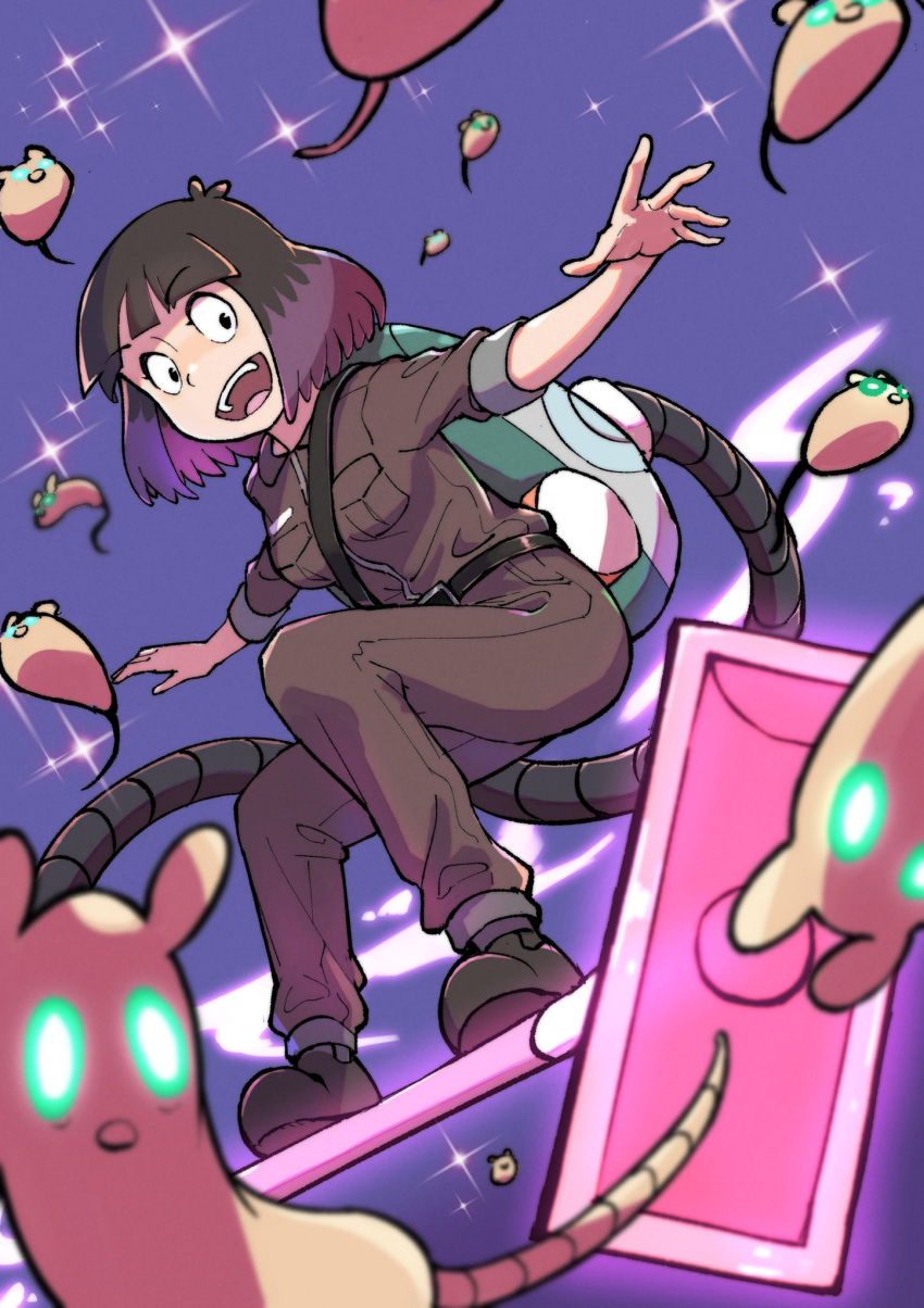 1girl, alternate_costume, animal, bangs, black_footwear, black_hair, brown_jumpsuit, full_body