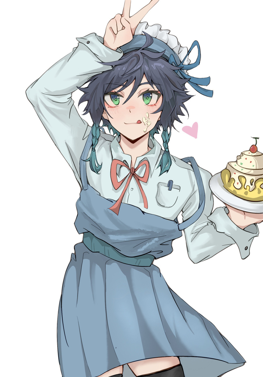 1boy, bangs, black_legwear, blue_dress, blue_shirt, bow, bowtie, braid, cake, crossdressing, dress, food, food_on_face, genshin_impact, green_eyes, green_hair, hair_between_eyes, highres, holding, holding_plate, long_sleeves, looking_at_viewer, maid_headdress, otoko_no_ko, pinafore_dress, plate, shiba257, shirt, simple_background, solo, thigh-highs, tongue, tongue_out, v, venti_(genshin_impact), white_background