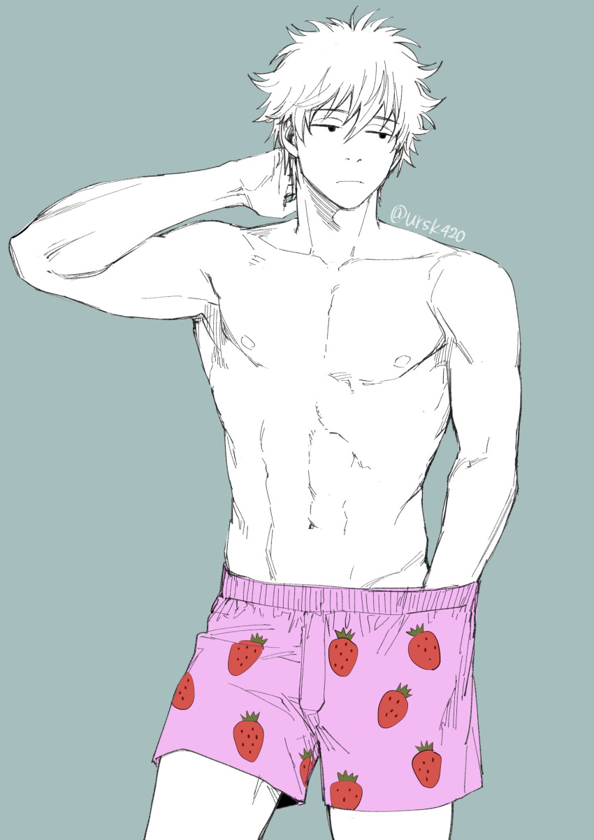 1boy, arm_behind_head, boxers, closed_mouth, food_print, gintama, grey_background, hand_in_underwear, hand_up, highres, male_focus, male_underwear, pink_male_underwear, print_male_underwear, sakata_gintoki, simple_background, solo, standing, strawberry_print, topless_male, twitter_username, underwear, underwear_only, uraki_(tetsu420)