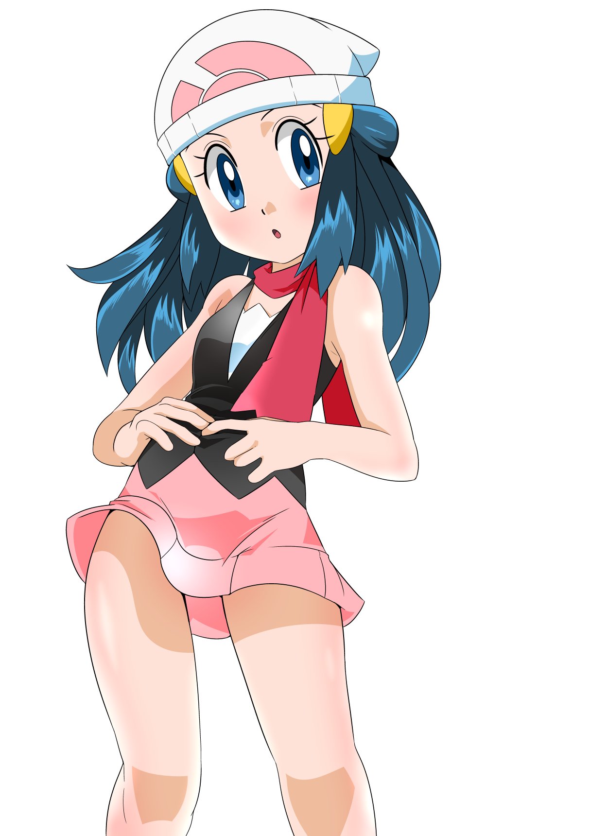 1girl, beanie, blue_eyes, blue_hair, hikari_(pokemon), hainchu, hair_ornament, hairclip, hat, highres, long_hair, looking_at_viewer, open_mouth, pokemon, pokemon_(anime), pokemon_dppt_(anime), scarf, simple_background, skirt, sleeveless, solo, white_background, white_headwear