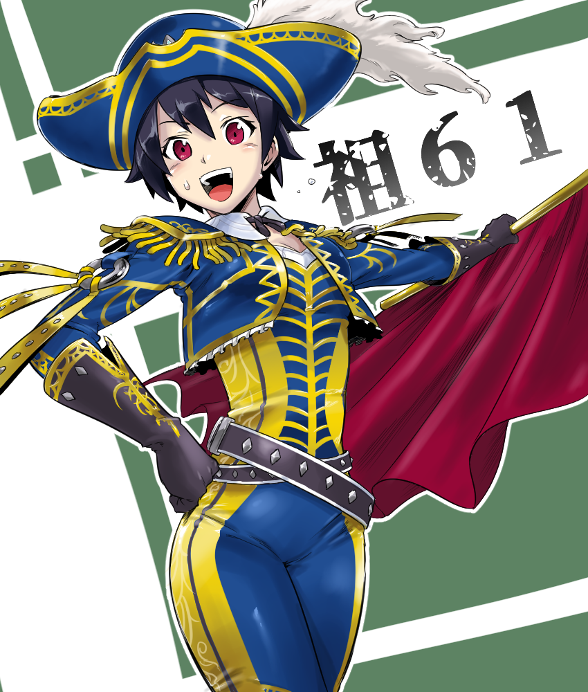 1girl, bangs, belt, bicorne, black_hair, black_neckwear, blue_headwear, blue_jacket