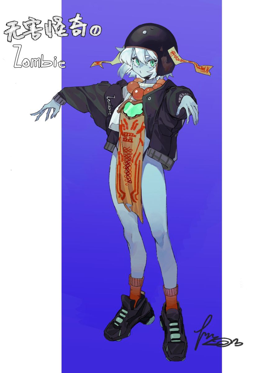 1girl, absurdres, bare_legs, bead_necklace, beads, black_footwear, black_jacket, blue_nails