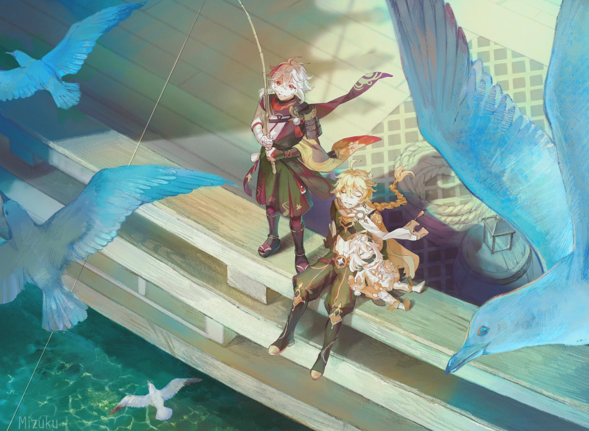 1girl, 2boys, aether_(genshin_impact), ahoge, bandaged_hand, bandages, bangs, bird