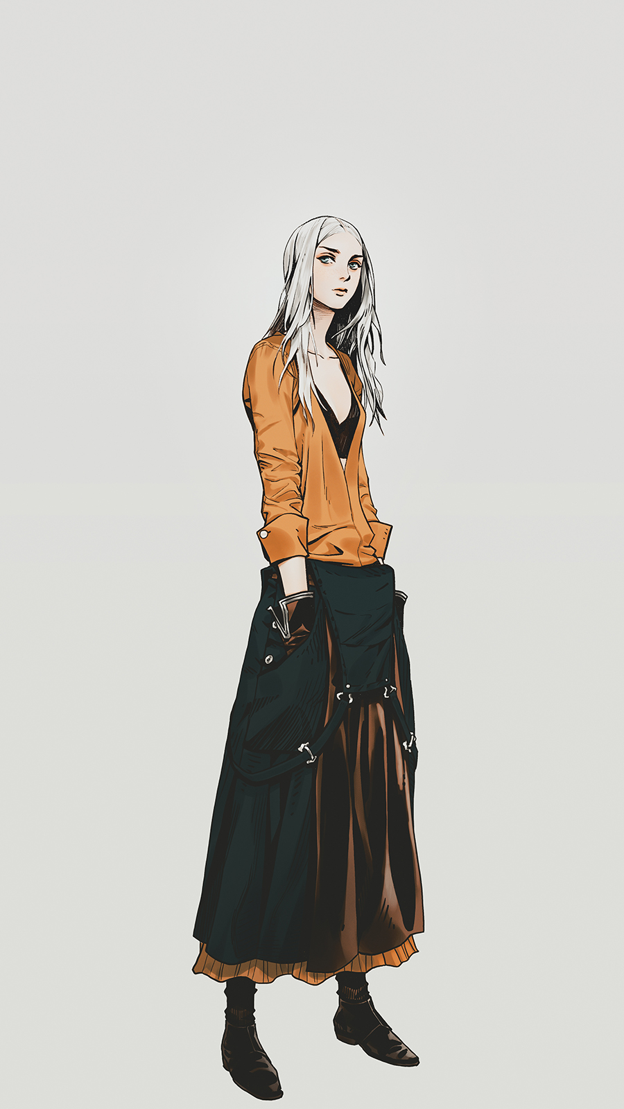 1girl, beauty_and_the_beast, black_footwear, blue_eyes, brown_gloves, brown_legwear, closed_mouth, collarbone, dress, eyeshadow, gloves, green_eyes, grey_background, hands_in_pockets, hatching_(texture), highres, long_hair, makeup, orange_dress, overalls, pink_eyeshadow, simple_background, solo, standing, victor_bang, white_hair