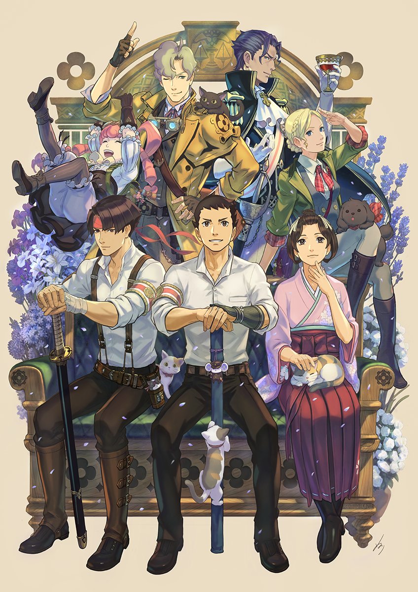 3girls, 4boys, ^_^, ace_attorney, animal, arm_up, armband, armor