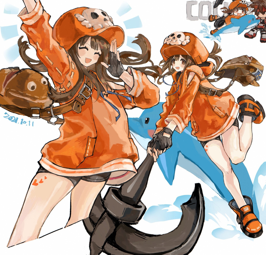1boy, 1girl, anchor, anger_vein, arm_up, bag, belt, belt_buckle, black_gloves, blush, blush_stickers, brown_bag, brown_eyes, brown_hair, buckle, cheering, closed_eyes, closed_mouth, clothing_cutout, counter, dated, dolphin, dolphin_shorts, english_text, eyebrows_visible_through_hair, fingerless_gloves, found_modori, gameplay_mechanics, gloves, grey_shorts, guilty_gear, guilty_gear_strive, hair_between_eyes, hat, heart, highres, holding, holding_weapon, hood, hood_down, hoodie, index_finger_raised, jewelry, long_hair, looking_at_another, may_(guilty_gear), multiple_views, necklace, open_mouth, orange_footwear, orange_headwear, orange_hoodie, oversized_object, pointing, red_footwear, short_shorts, shorts, shoulder_cutout, smile, sol_badguy, water, weapon