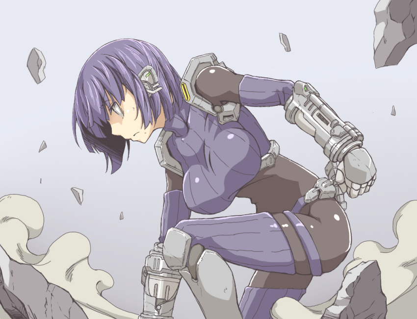 1girl, arm_support, armor, armored_boots, bangs, bikini, black_bodysuit, bob_cut