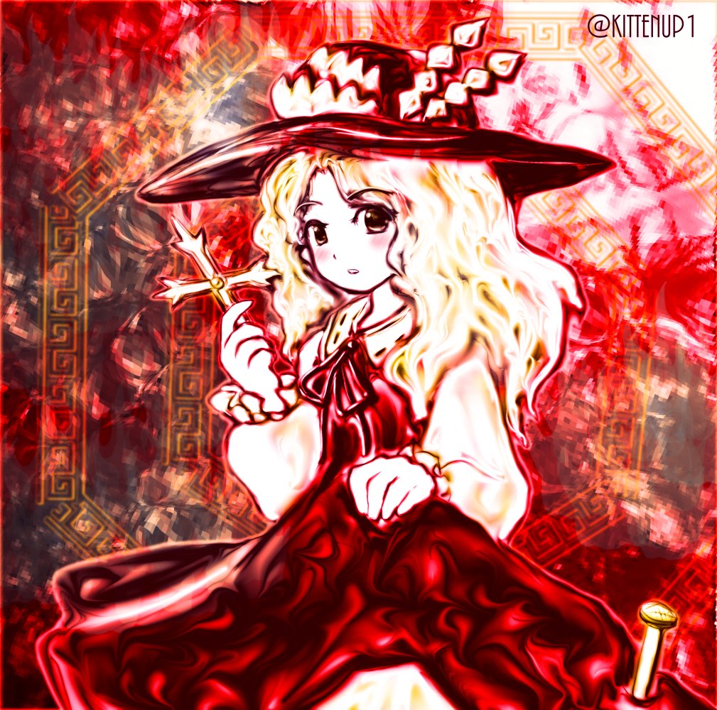 1girl, ancient, blush, cross, dolls_in_pseudo_paradise, dress, eyebrows_visible_through_hair, frilled_hat