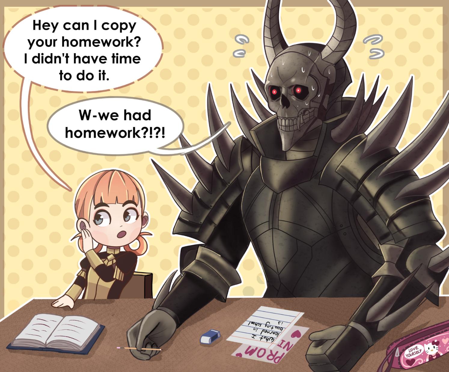 1boy, 1girl, annette_fantine_dominic, armor, blue_eyes, book, chair, death_knight_(fire_emblem)