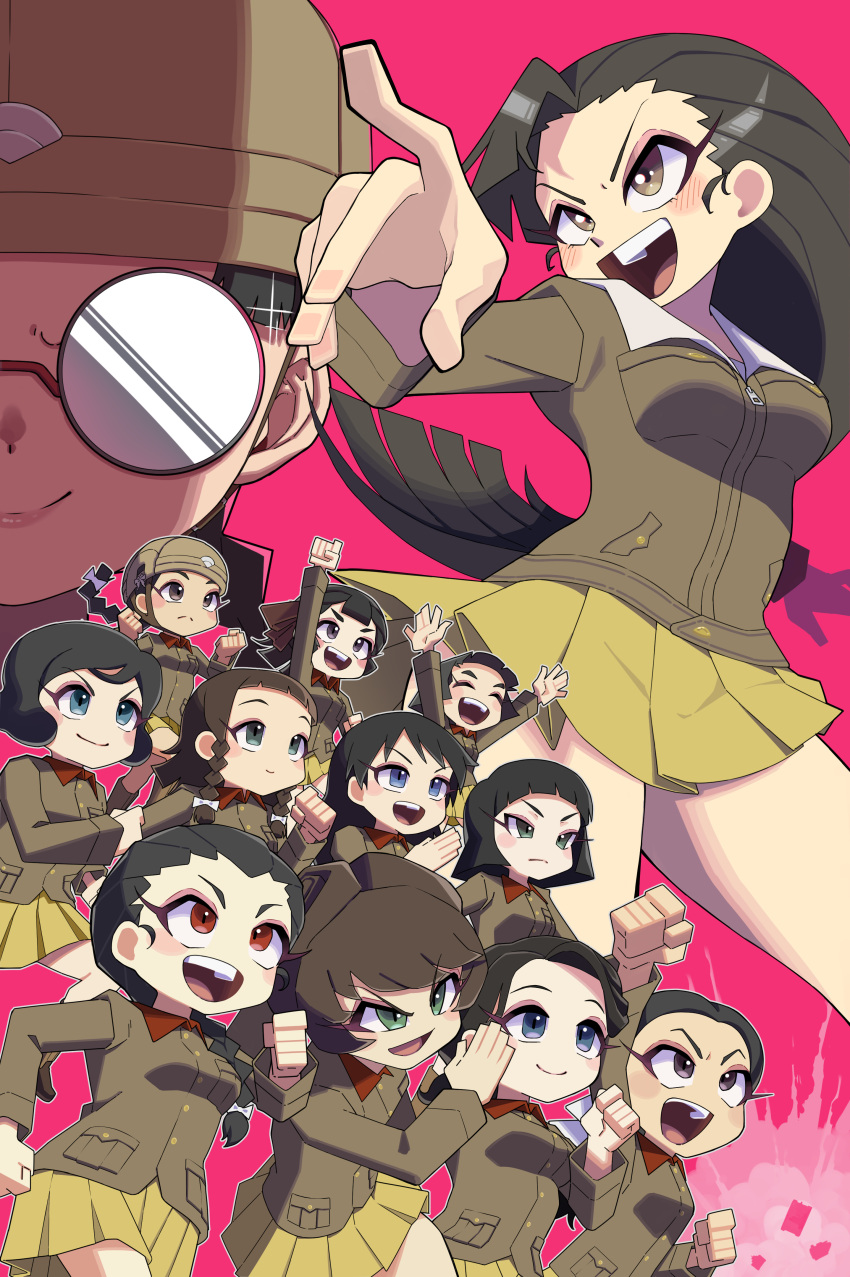 6+girls, absurdres, asymmetrical_bangs, bangs, black_eyes, black_hair, braid, brown_eyes