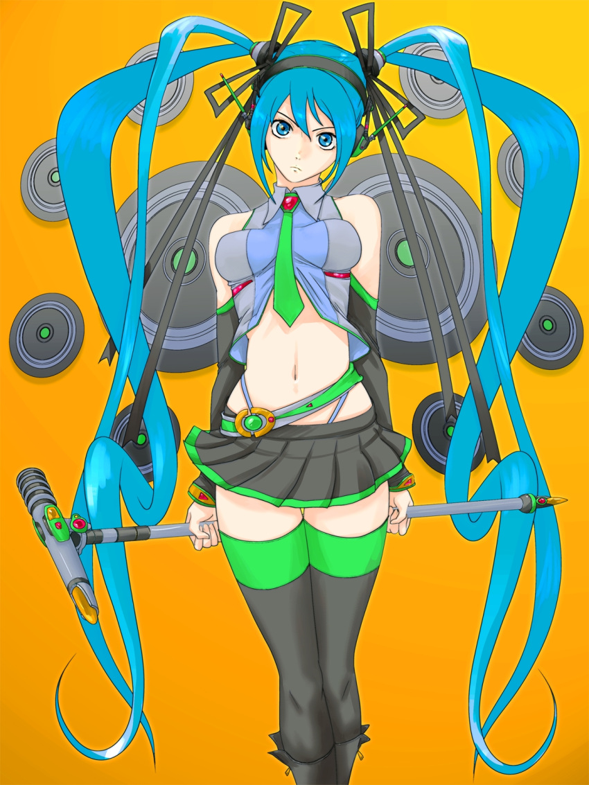 agahat, aqua_eyes, aqua_hair, detached_sleeves, hatsune_miku, headphones, highres, legs