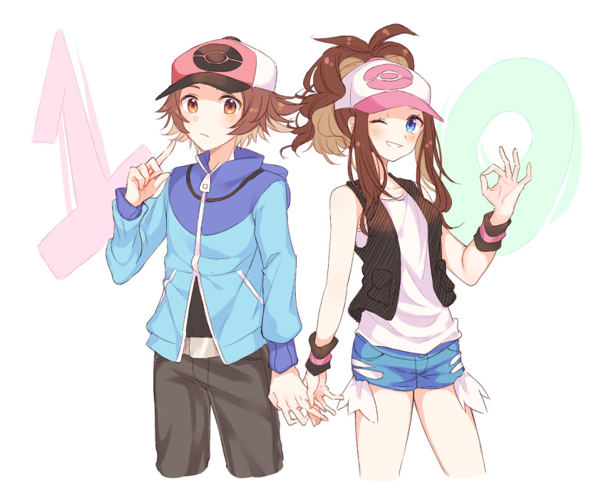 1boy, 1girl, antenna_hair, baseball_cap, belt, belt_buckle, black_shirt, blue_eyes