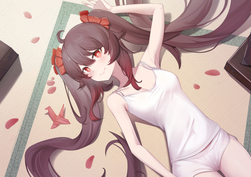 1girl, absurdres, arm_up, blush, breasts, brown_hair, casual, flower, genshin_impact, highres, hu_tao_(genshin_impact), lingwuye, long_hair, looking_at_viewer, lying, on_back, on_floor, origami, paper_crane, petals, plum_blossoms, red_eyes, small_breasts, smile, twintails, very_long_hair