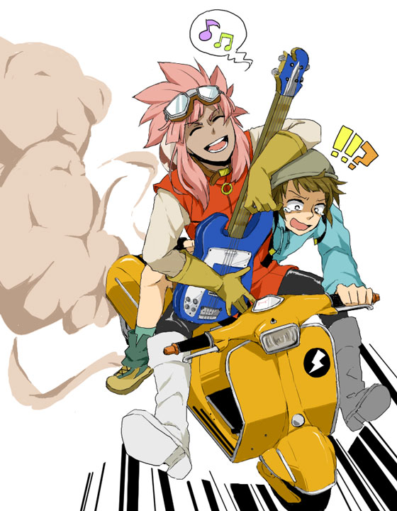2boys, boots, closed_eyes, crossover, duo, flcl, gloves, goggles