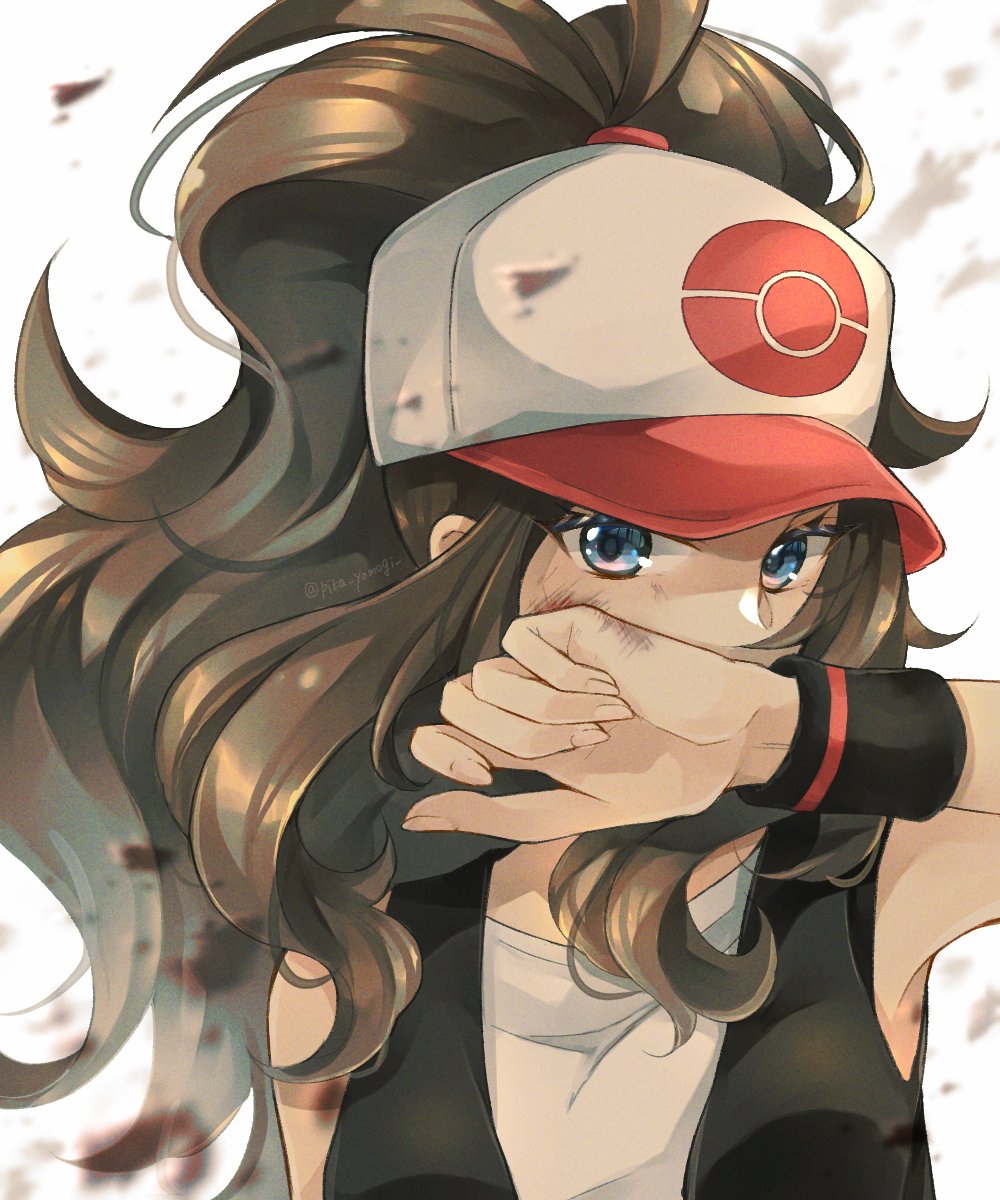 1girl, antenna_hair, baseball_cap, black_vest, black_wristband, blue_eyes, brown_hair, commentary