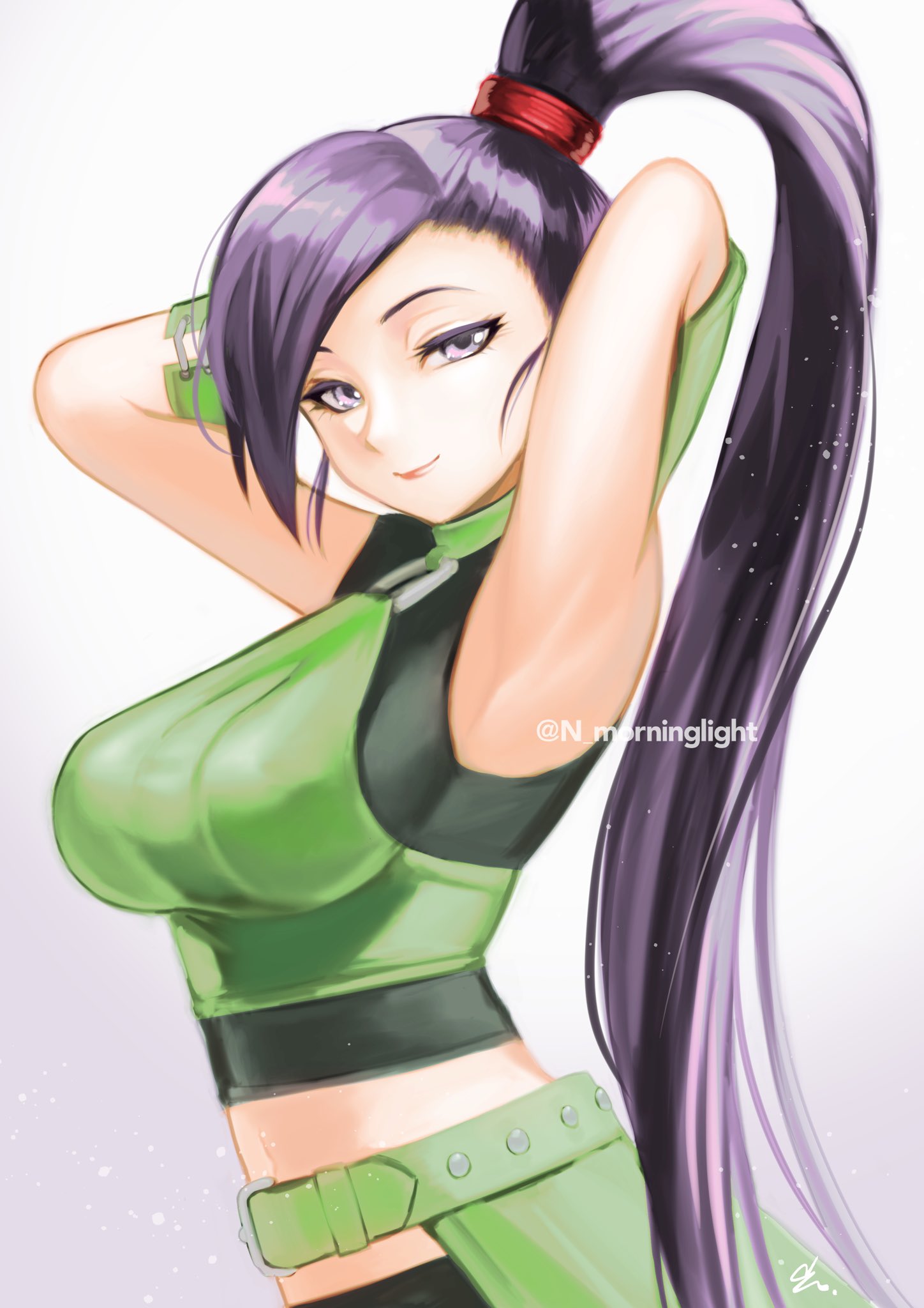 1girl, armpits, arms_behind_head, arms_up, asakou_(n_morninglight), belt, breasts, choker, closed_mouth, commentary_request, crop_top, dragon_quest, dragon_quest_xi, green_belt, green_choker, halterneck, high_ponytail, highres, large_breasts, lips, long_hair, looking_at_viewer, martina_(dq11), midriff, pink_lips, ponytail, purple_hair, shiny, shiny_hair, signature, sleeveless, smile, solo, twitter_username, very_long_hair, violet_eyes