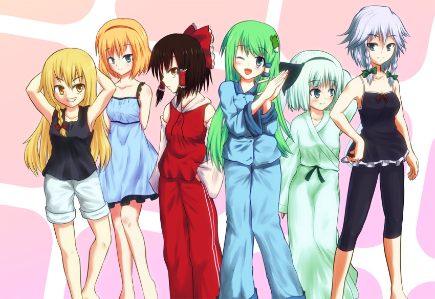 6+girls, alice_margatroid, black_tank_top, blonde_hair, bloomers, blue_pajamas, brown_hair, detached_sleeves